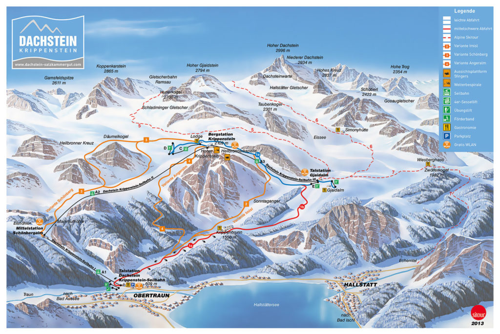 mapa sjezdvek a lanovek Krippenstein rakousko